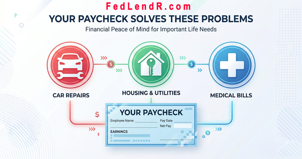 Federal employee reviewing emergency allotment loan options for car repair, rent, and medical bills