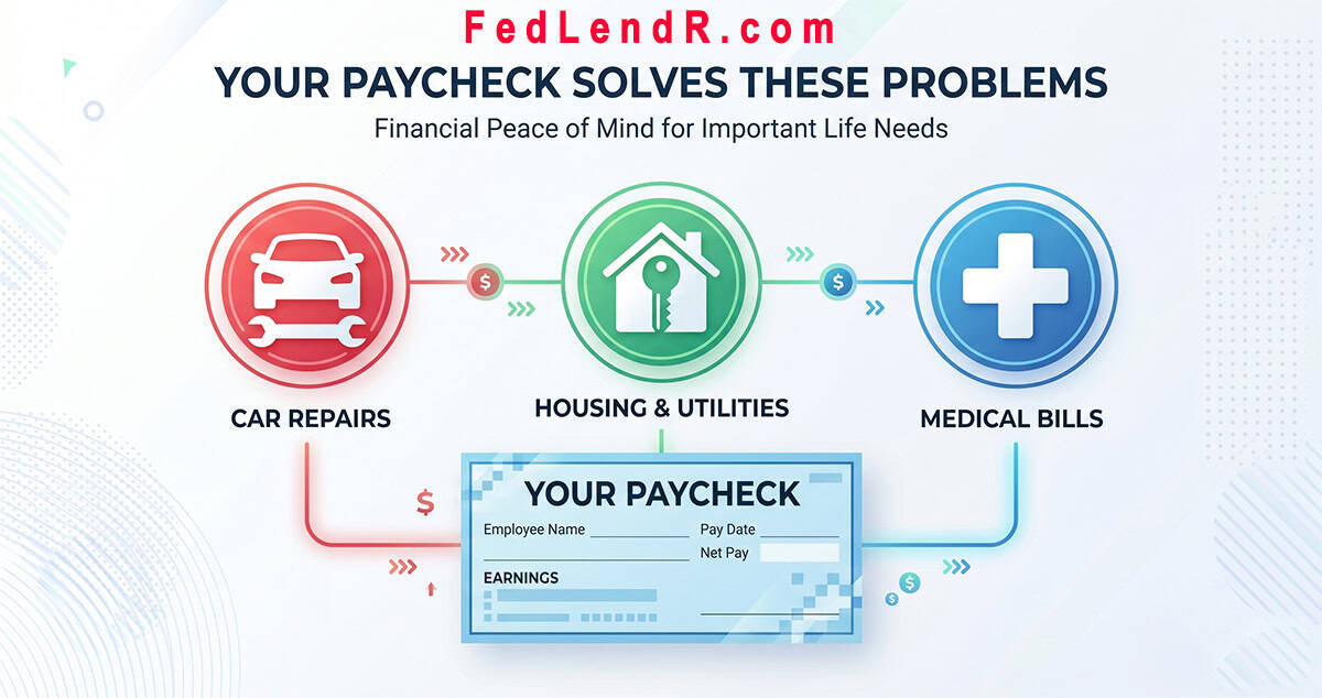 Federal employee reviewing emergency allotment loan options for car repair, rent, and medical bills