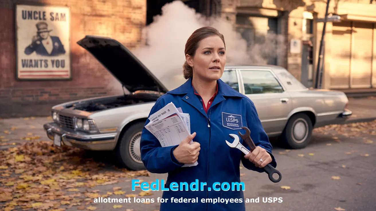Federal employee reviewing her broken down car and needs an allotment loan fast