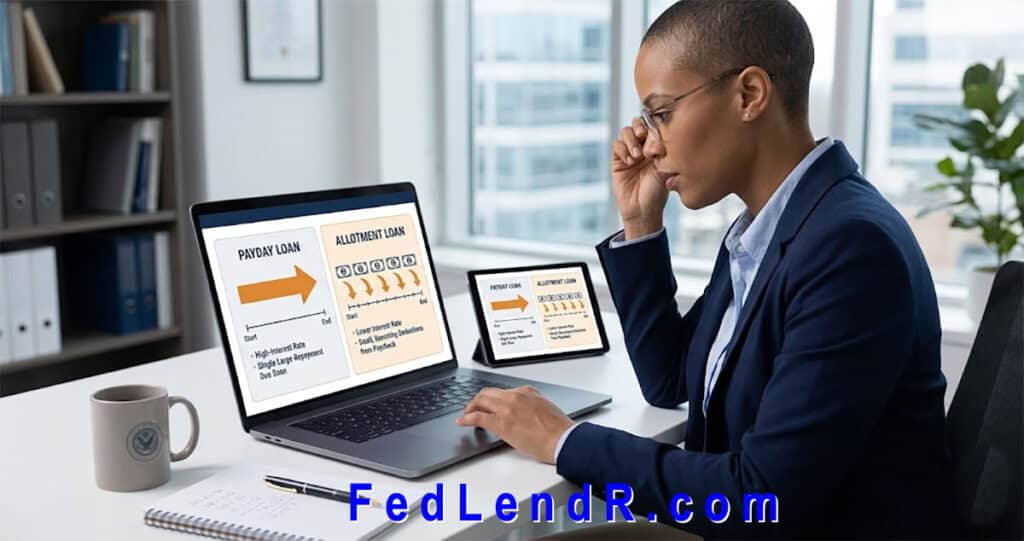 Federal employee comparing allotment loans vs payday loans on a laptop:FedLendR.com