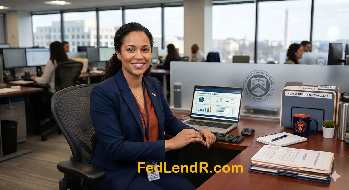 Federal employee reviewing allotment loan options on a laptop with pay stub visible