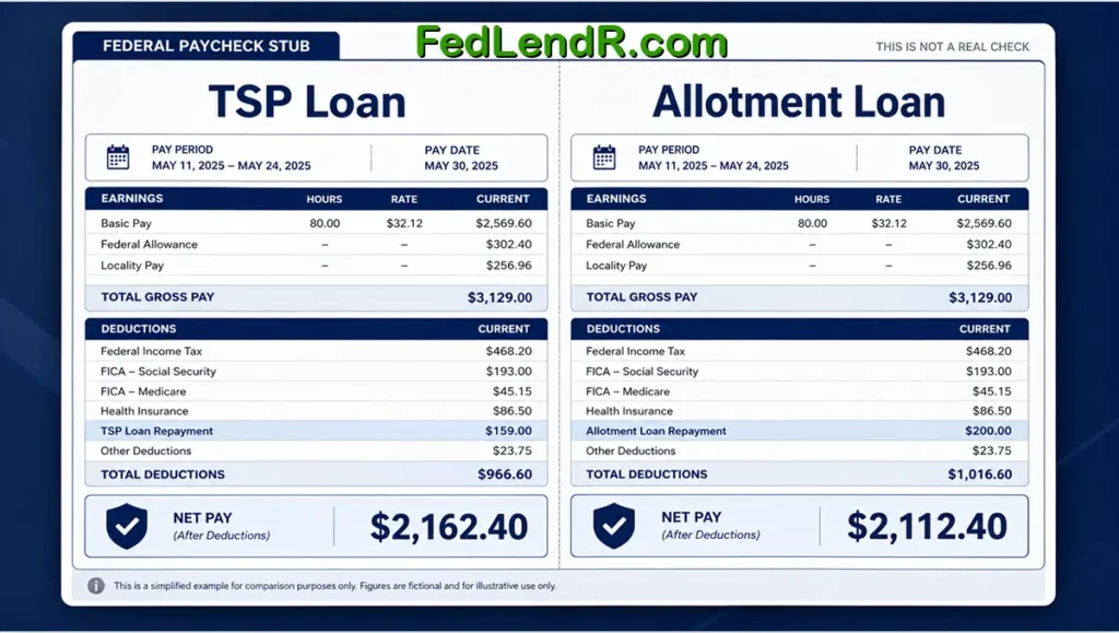 Federal employee comparing TSP loan and allotment loan options on a paycheck