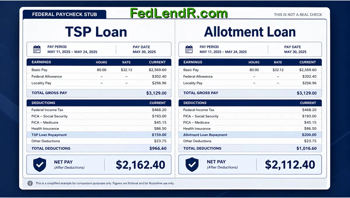 Federal employee comparing TSP loan and allotment loan options on a paycheck