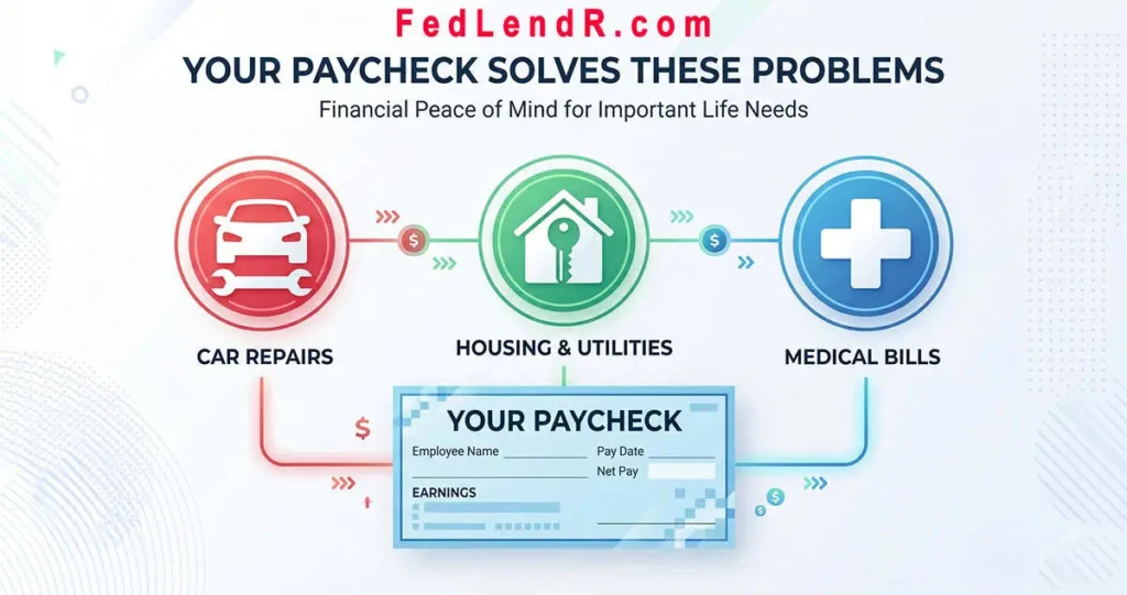 FedLendR infographic — your federal paycheck solves car repairs, housing and utility bills, and medical emergencies