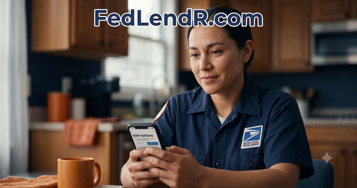 USPS postal worker reviewing bad credit loan options on a phone at a kitchen table