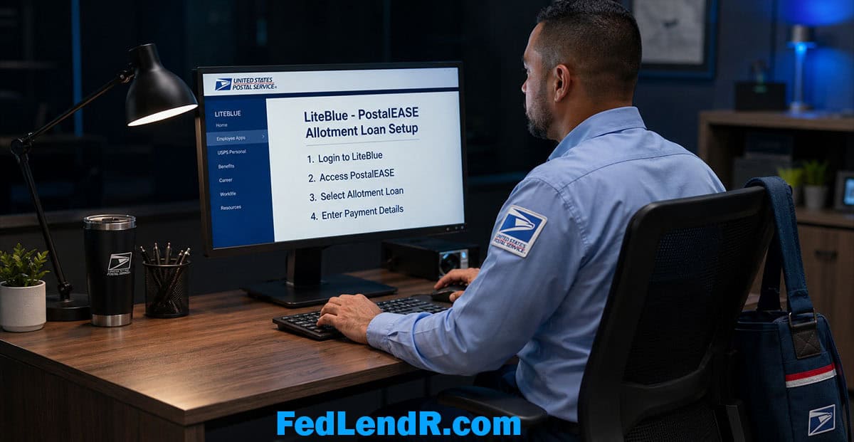 USPS postal worker setting up allotment loan payment in PostalEASE through LiteBlue on a computer