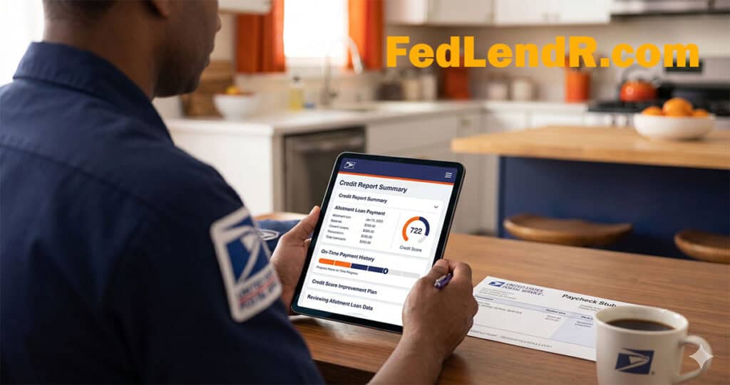 USPS postal worker reviewing credit report with allotment loan information on tablet