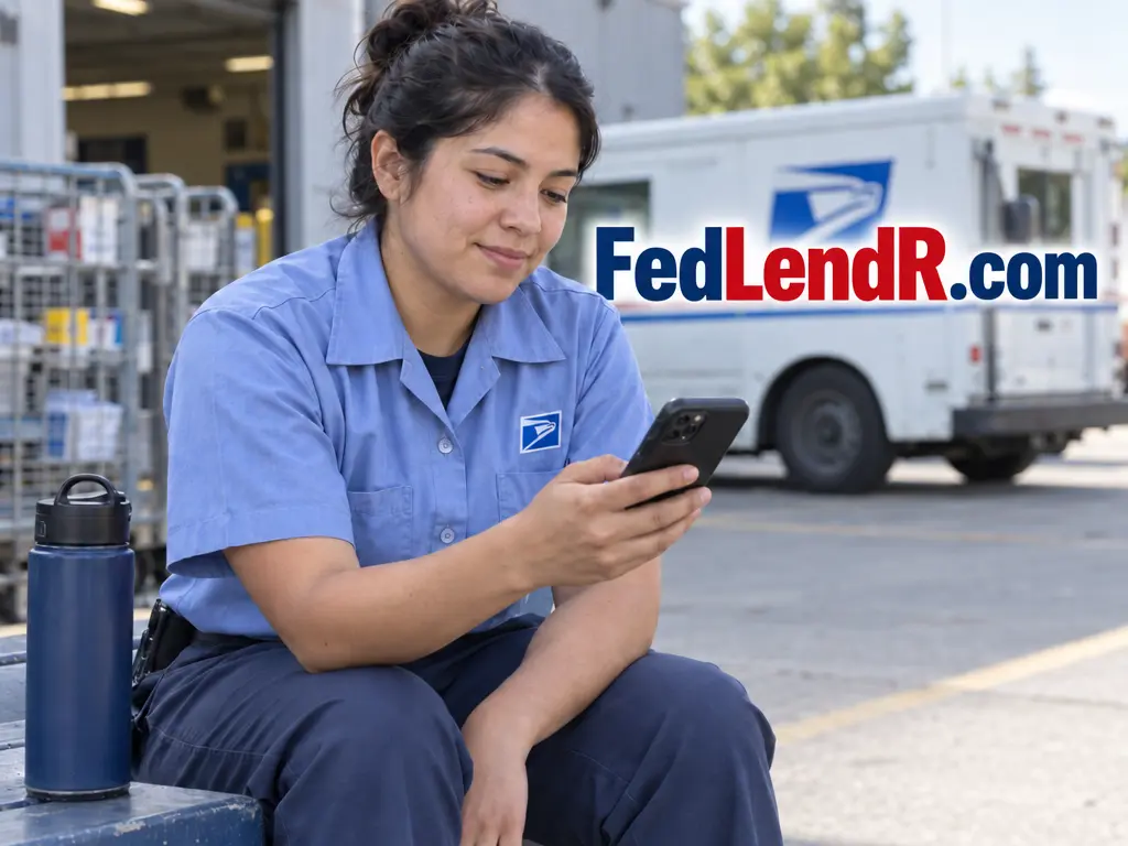 USPS letter carrier reviewing allotment loan options on a phone beside a mail truck